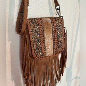 Montana West Genuine Leather Floral Tooled Fringe Crossbody Bag - Brown